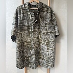 Colore Italia 100% Silk Button Up Shirt Green Abstract Print Short Sleeve Size L